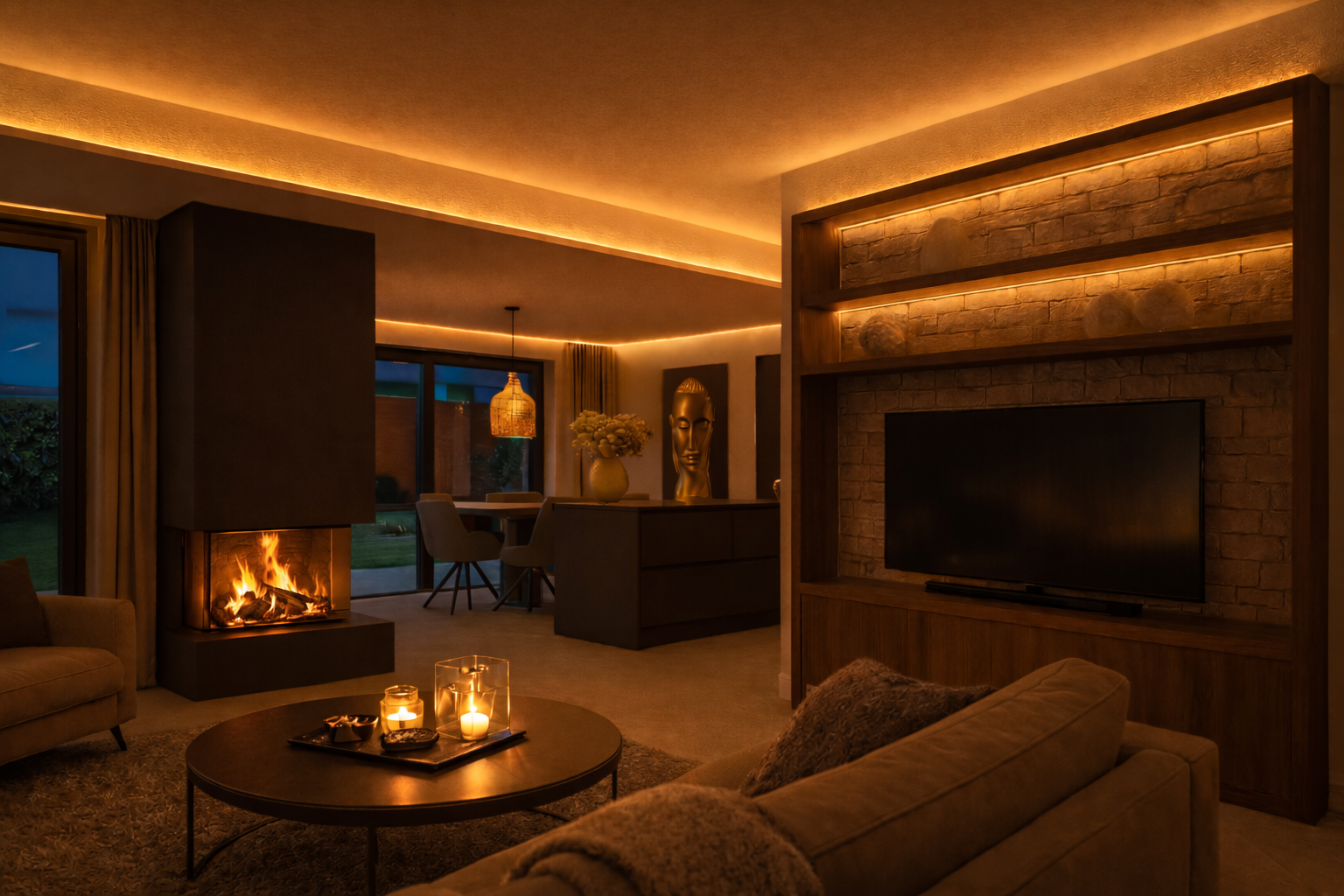 Cozy modern living room illuminated with warm indirect LED lighting by BUDDINGVE. Soft ambient light lines along the ceiling and walls create a welcoming, relaxing atmosphere with a realistic fireplace.