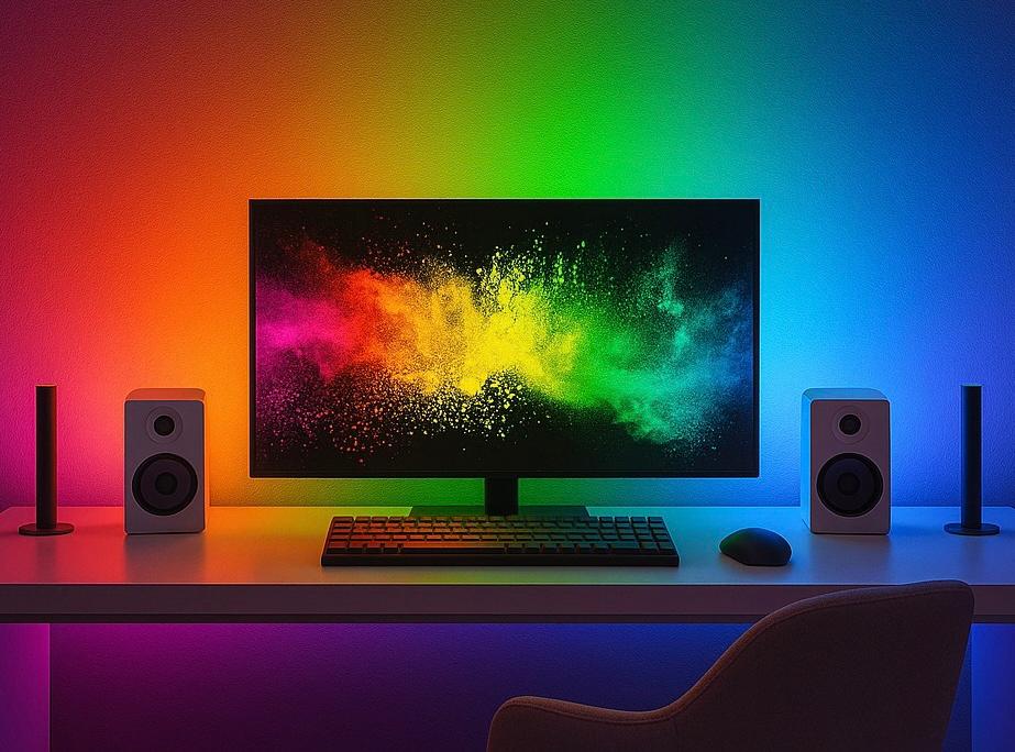 RGB gaming desk with monitor, keyboard, mouse and speakers.