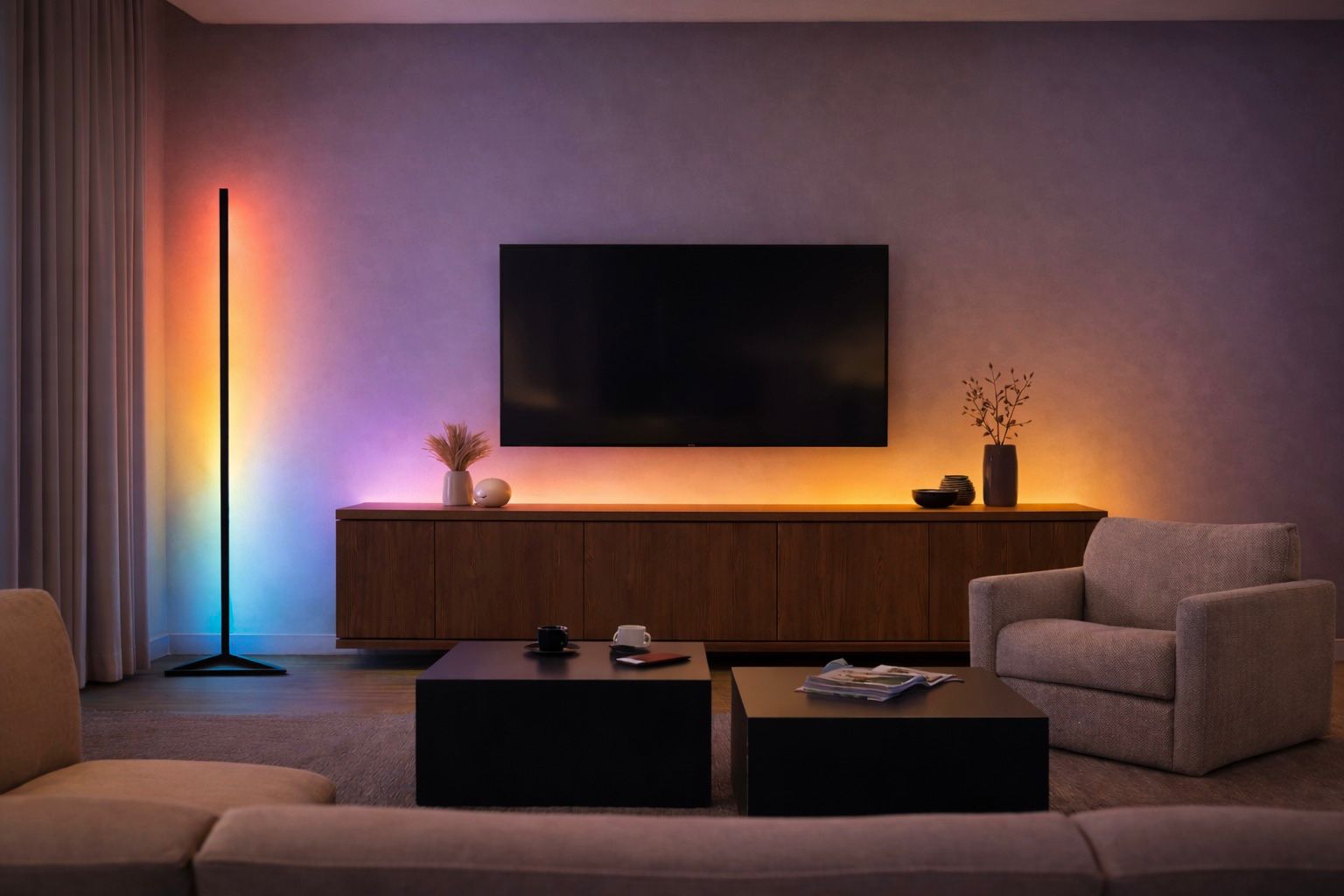 Stylish modern living room illuminated by a warm ambient lighting ring.