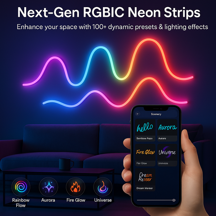 BUDDINGVE Next-Gen RGBIC LED Neon Strips – Smart Lighting for Home and Workspace
