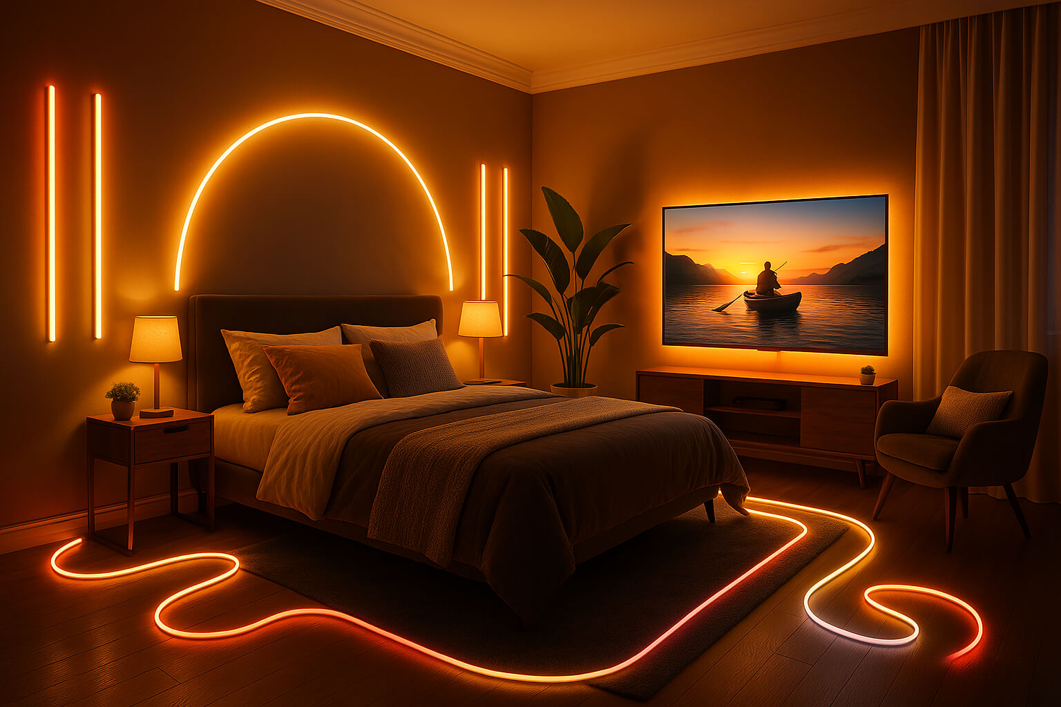 Modern bedroom with RGBIC LED strip lights creating warm ambient lighting around bed and TV