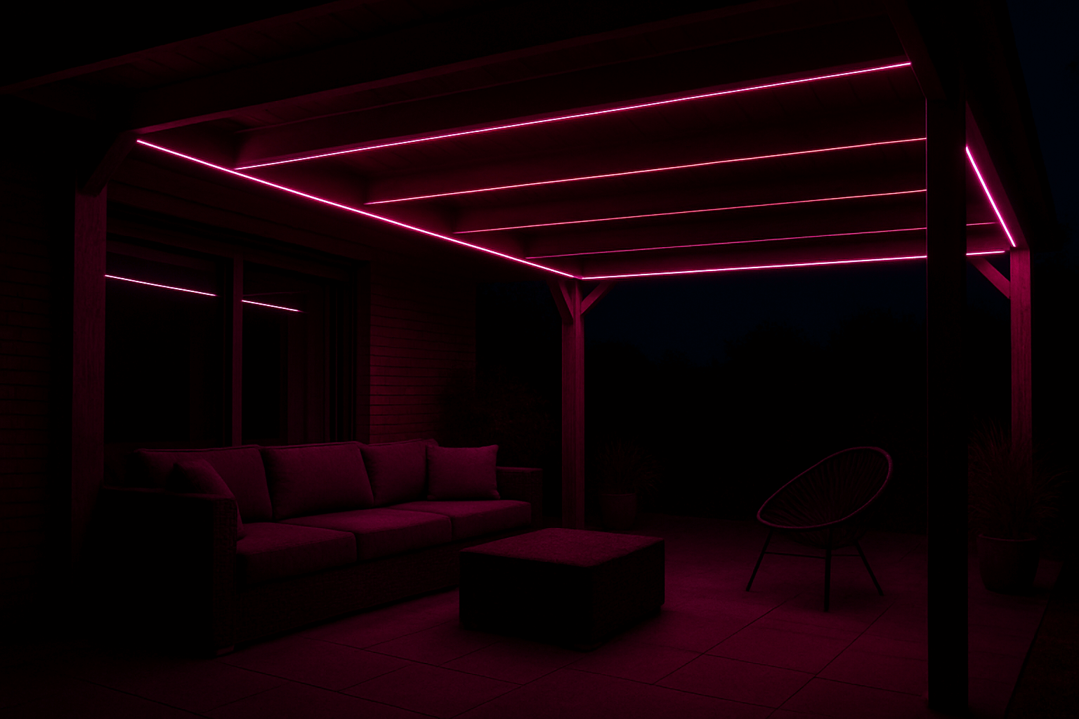 Outdoor patio with RGBIC LED strip lights installed on pergola creating stylish pink ambient lighting
